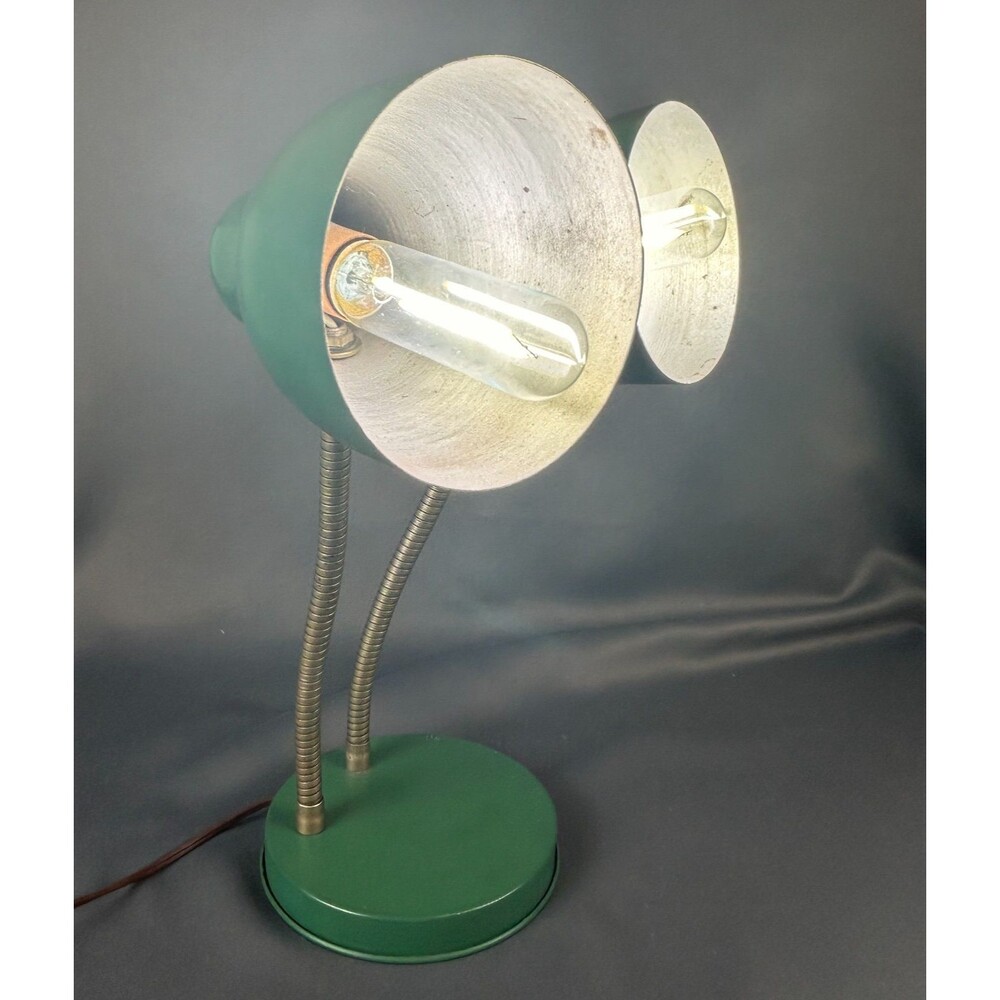MCM Double Gooseneck Leviton Green Metal Desk Working Table Light Lamp